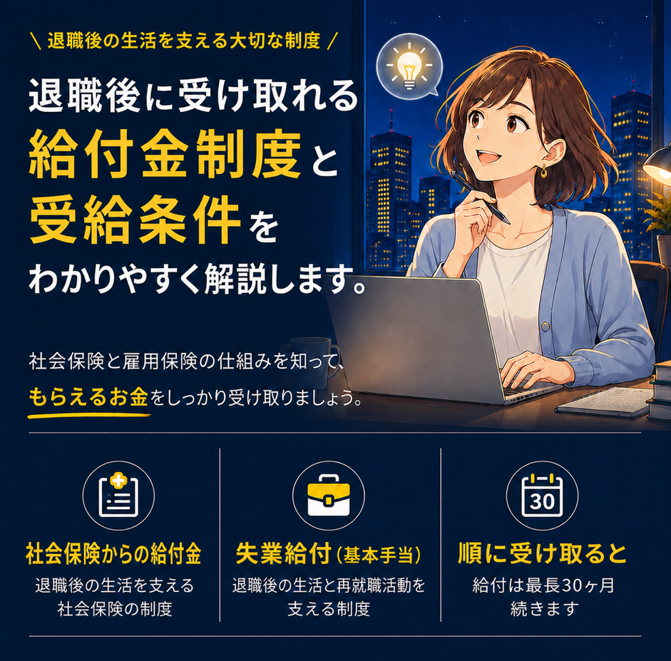 退職後に受け取れる社会保険と雇用保険の給付制度。2つを順に受け取ると、給付は最長30ヶ月続きます。