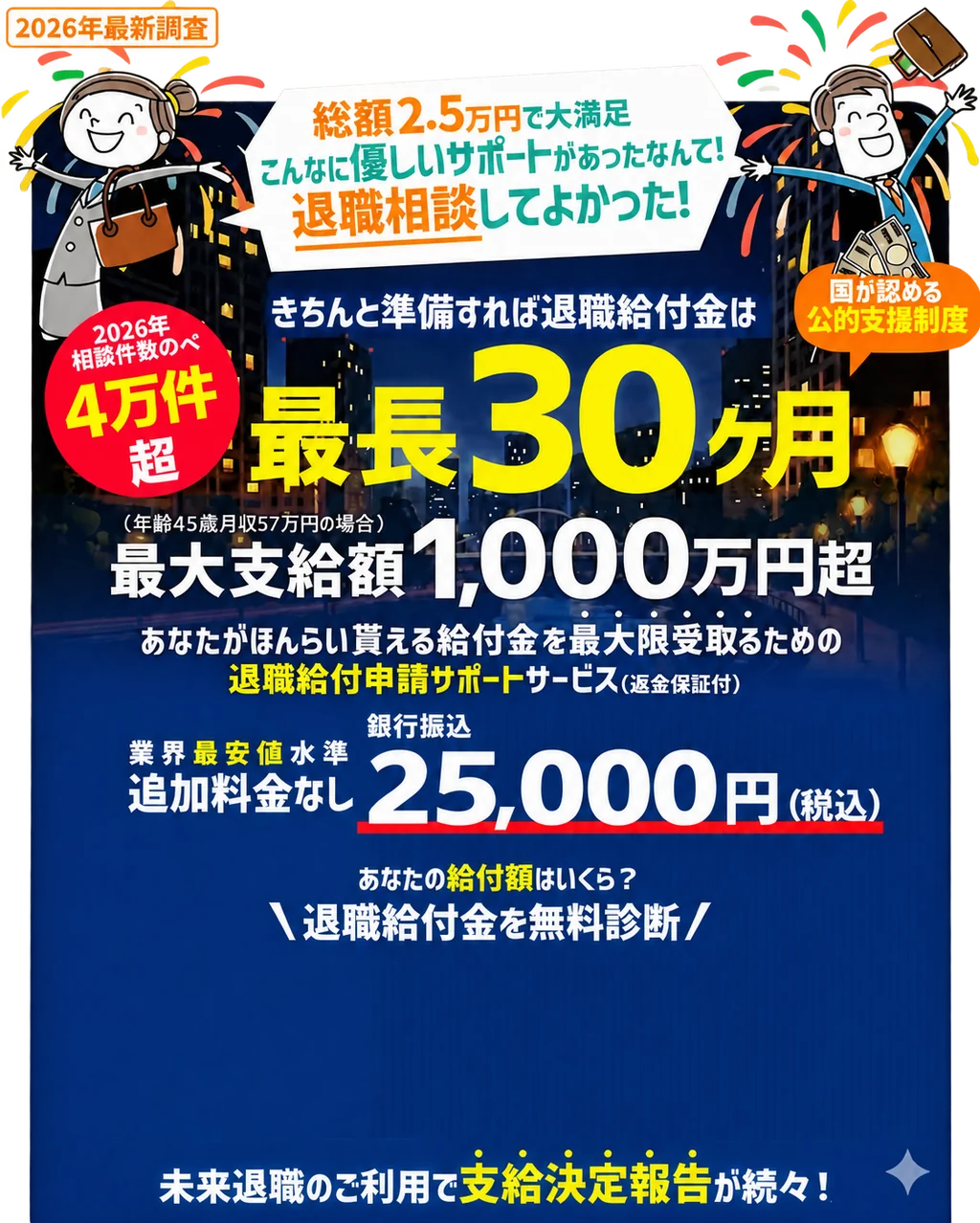 2026年最新調査。未来退職は相談件数4万件超。退職給付金は最長30ヶ月、45歳・月収57万円の場合は最大支給額1,000万円超。業界最安値水準。銀行振込25,000円(税込)。追加料金・成功報酬なし。